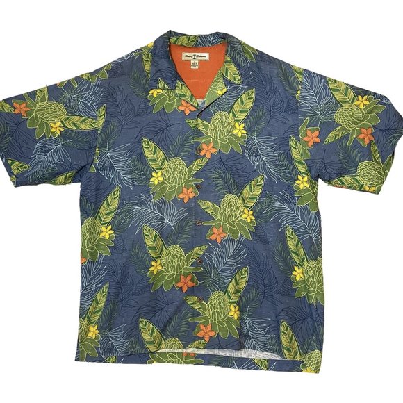 Tommy Bahama Blue and Green Floral 100% Silk Men's Short Sleeve Hawaiian Shirt L - Picture 1 of 6